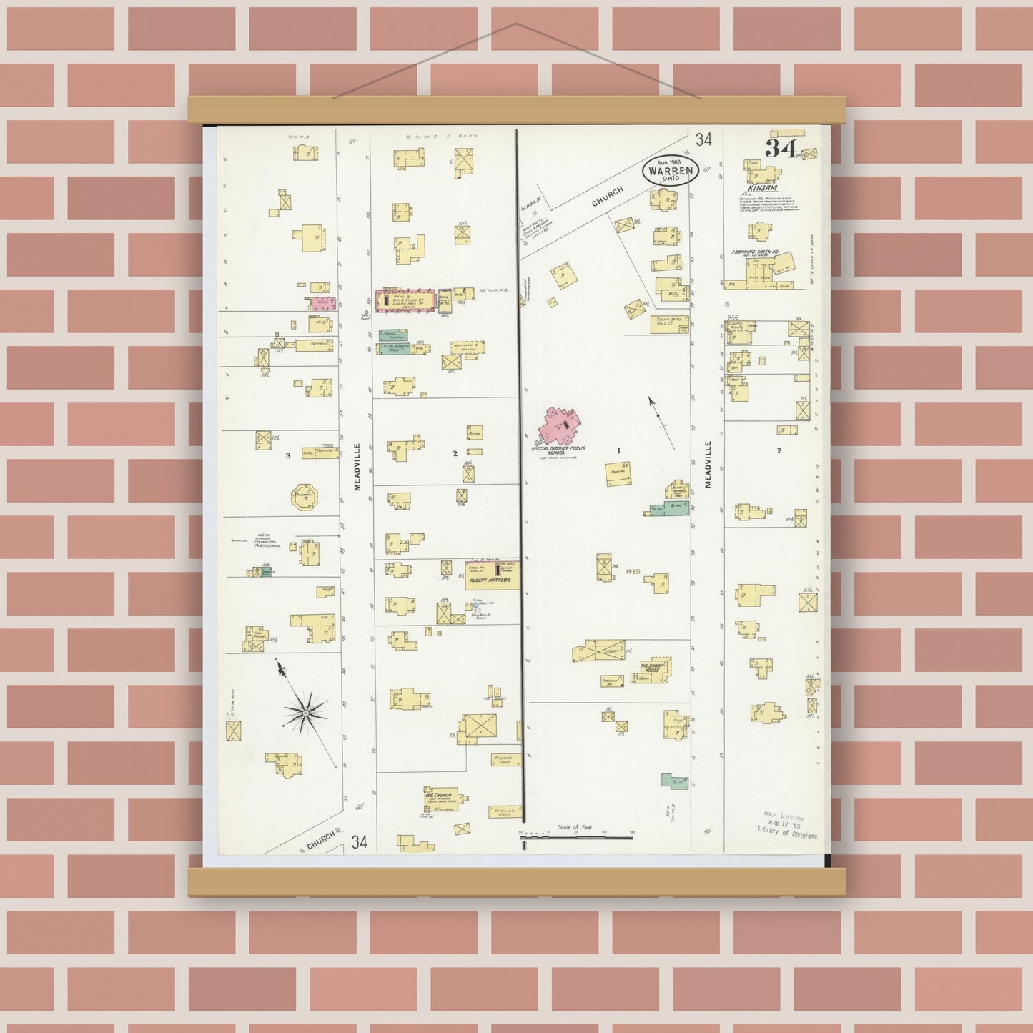 Old map wall art mockup — magnetic wood frame on brick wall — Sanborn Fire Insurance Map from Warren, Trumbull County, Ohio (1908), Sheet #0034