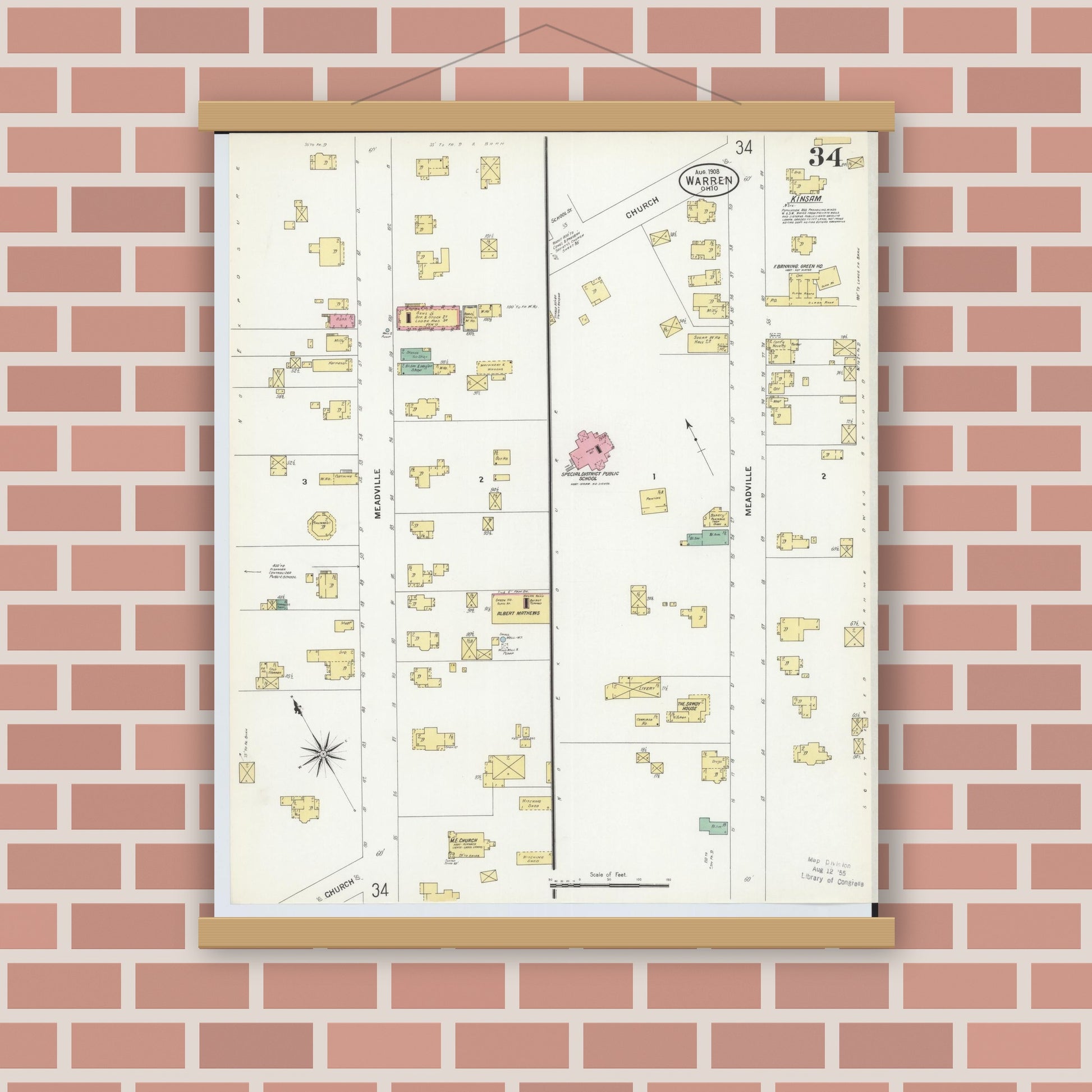 Old map wall art mockup — magnetic wood frame on brick wall — Sanborn Fire Insurance Map from Warren, Trumbull County, Ohio (1908), Sheet #0034
