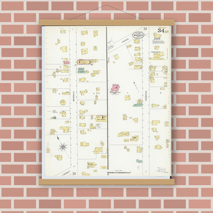 Old map wall art mockup — magnetic wood frame on brick wall — Sanborn Fire Insurance Map from Warren, Trumbull County, Ohio (1908), Sheet #0034