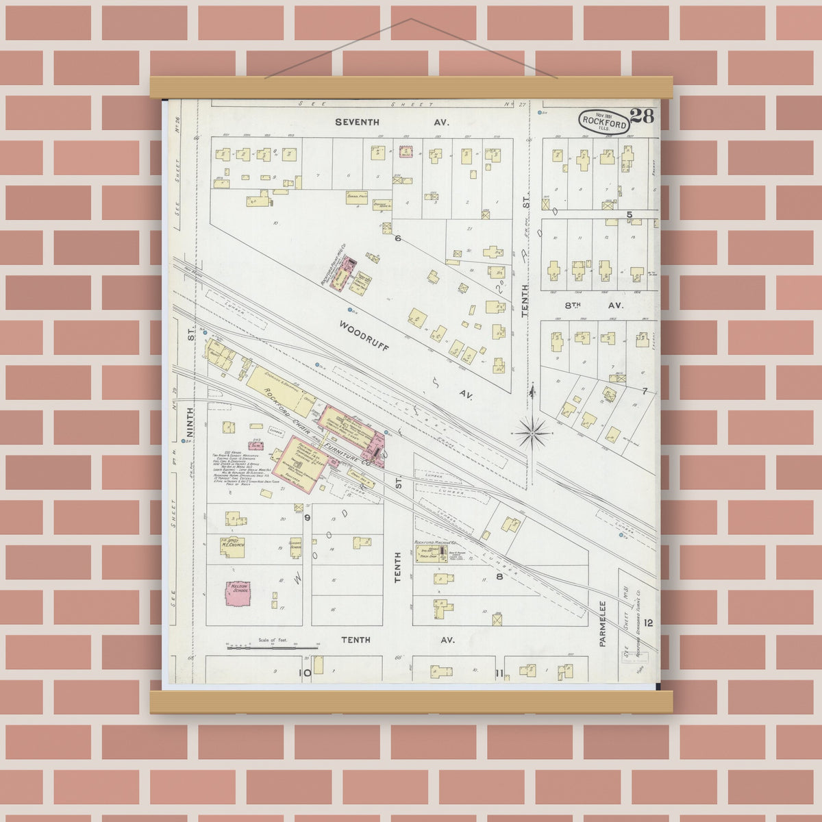 Old map wall art mockup — magnetic wood frame on brick wall — Sanborn Fire Insurance Map from Rockford, Winnebago County, Illinois (1891), Sheet #0028