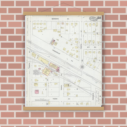 Old map wall art mockup — magnetic wood frame on brick wall — Sanborn Fire Insurance Map from Rockford, Winnebago County, Illinois (1891), Sheet #0028