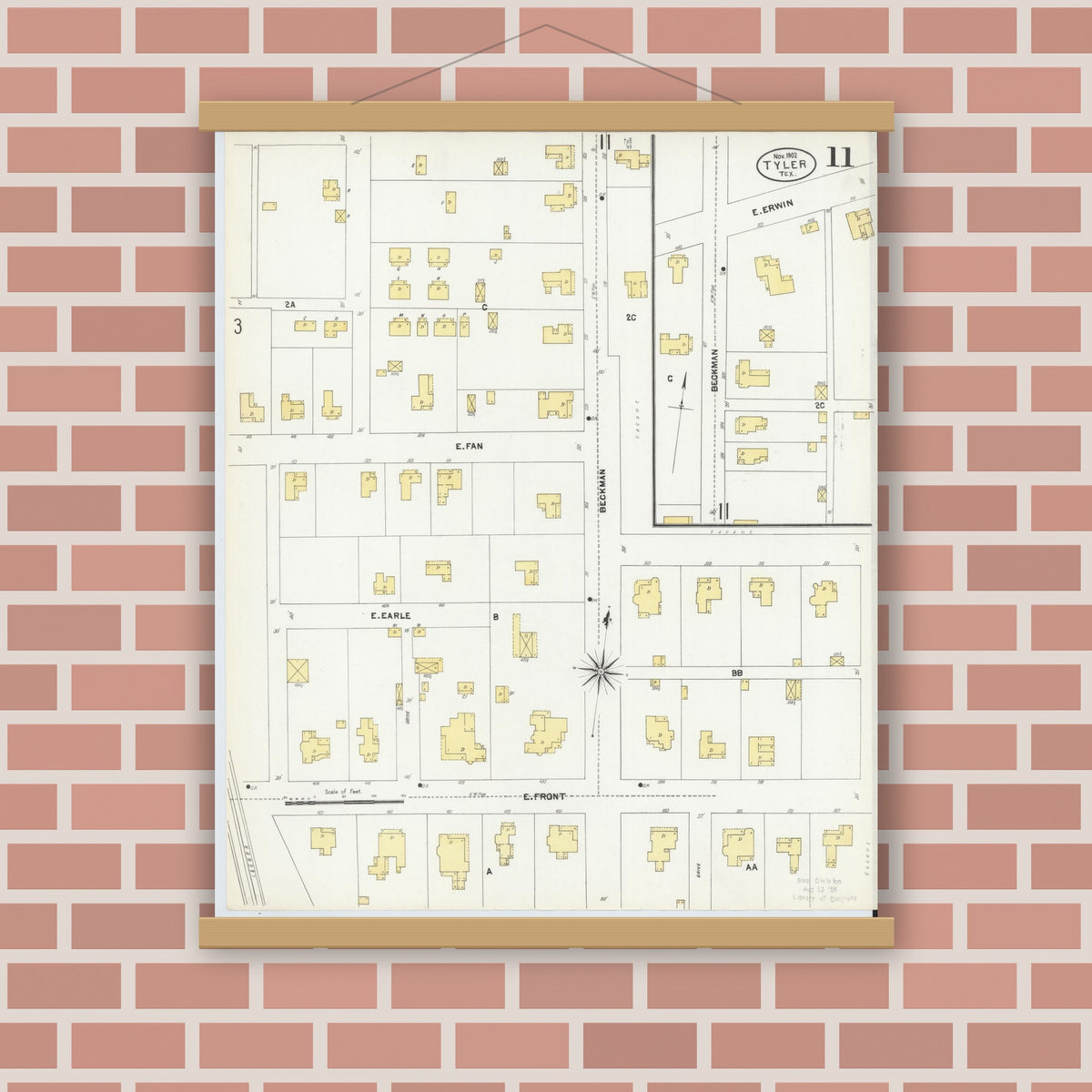Old map wall art mockup — magnetic wood frame on brick wall — Sanborn Fire Insurance Map from Tyler, Smith County, Texas (1902), Sheet #0011