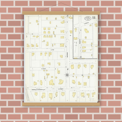 Old map wall art mockup — magnetic wood frame on brick wall — Sanborn Fire Insurance Map from Tyler, Smith County, Texas (1902), Sheet #0011