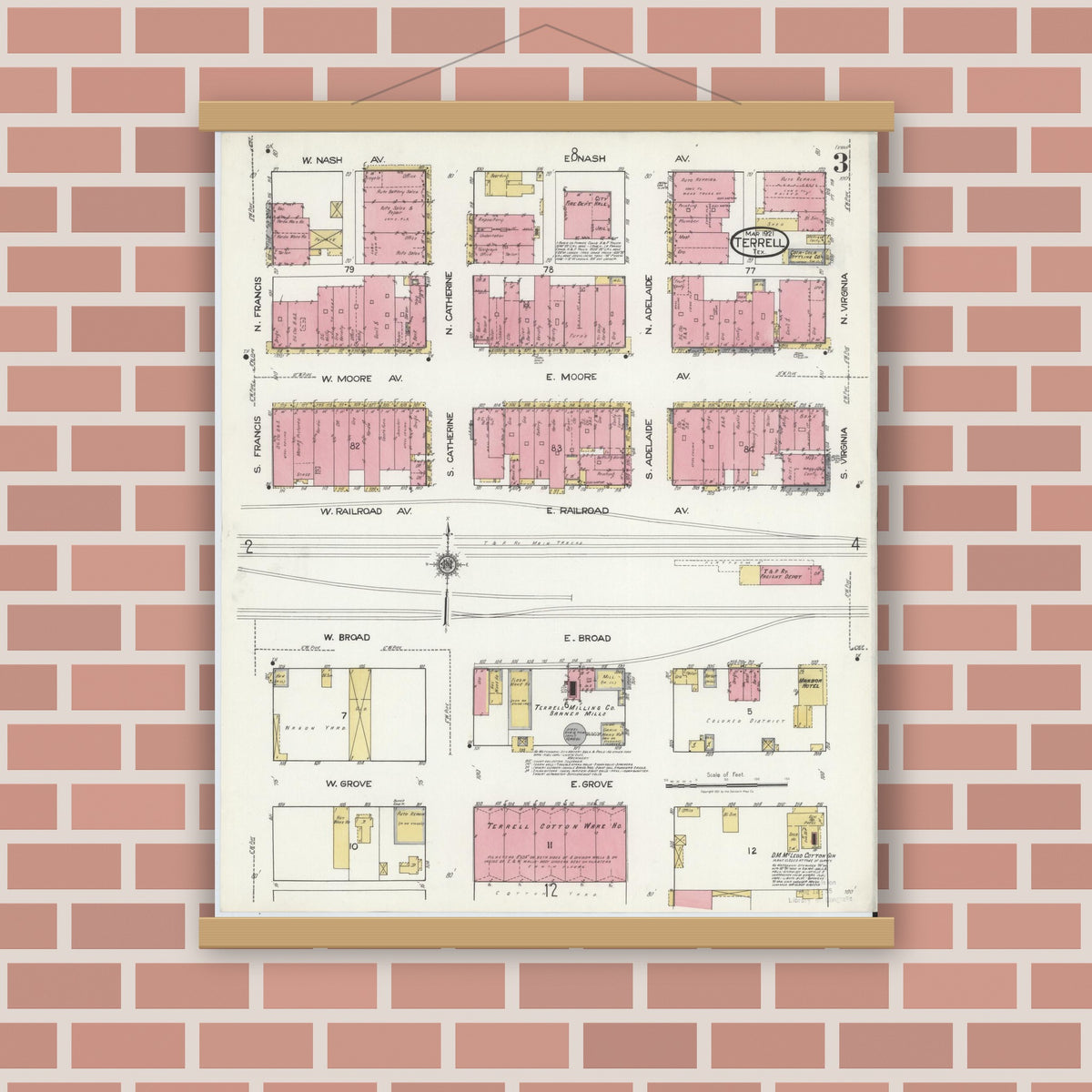 Old map wall art mockup — magnetic wood frame on brick wall — Sanborn Fire Insurance Map from Terrell, Kaufman County, Texas (1921), Sheet #0003