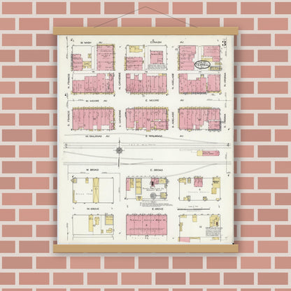 Old map wall art mockup — magnetic wood frame on brick wall — Sanborn Fire Insurance Map from Terrell, Kaufman County, Texas (1921), Sheet #0003