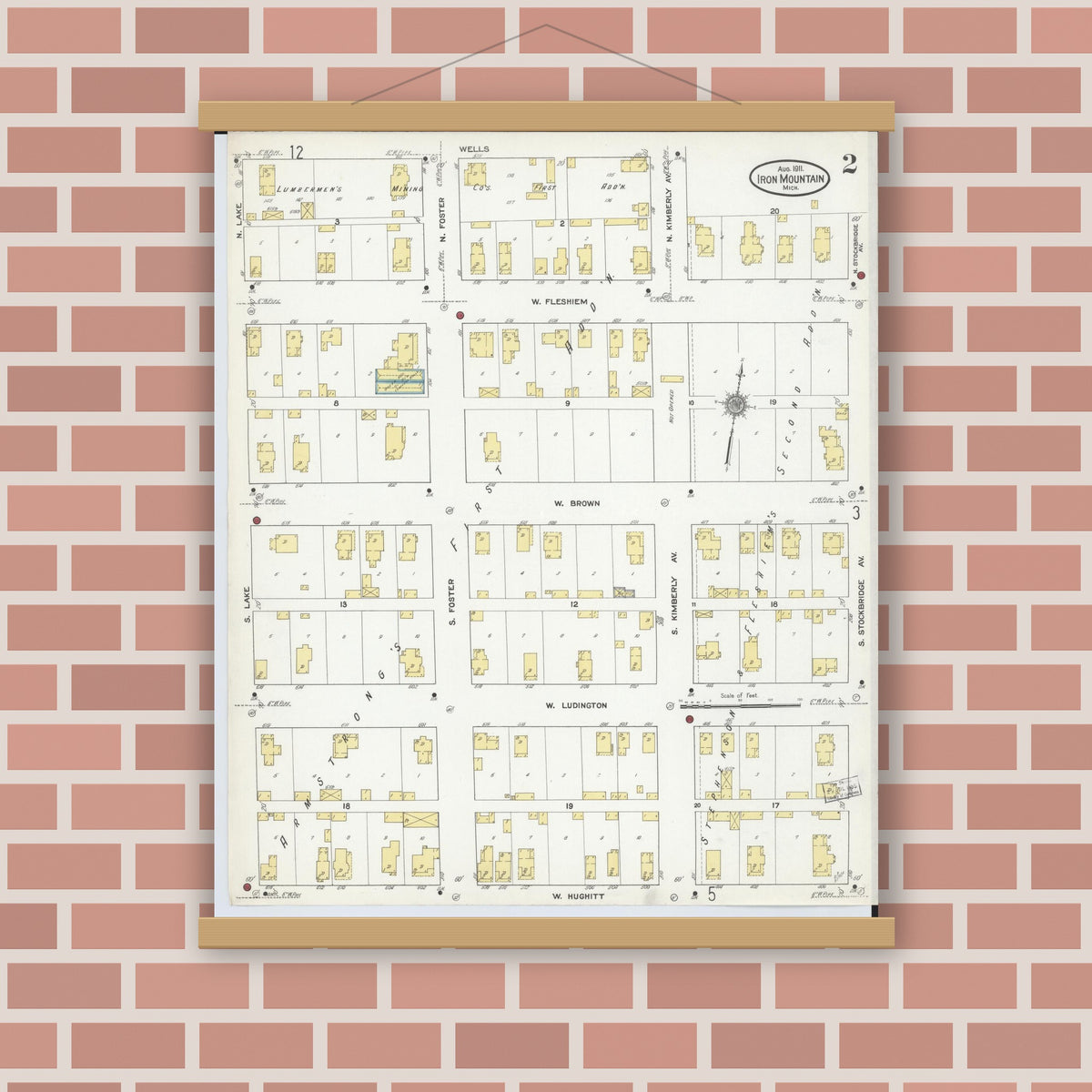 Old map wall art mockup — magnetic wood frame on brick wall — Sanborn Fire Insurance Map from Iron Mountain, Dickinson County, Michigan (1911), Sheet #0002