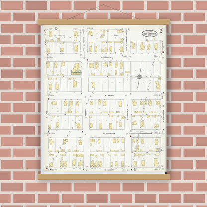 Old map wall art mockup — magnetic wood frame on brick wall — Sanborn Fire Insurance Map from Iron Mountain, Dickinson County, Michigan (1911), Sheet #0002