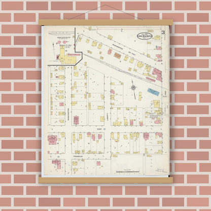 Old map wall art mockup — magnetic wood frame on brick wall — Sanborn Fire Insurance Map from Canal Winchester, Franklin County, Ohio (1915), Sheet #0003