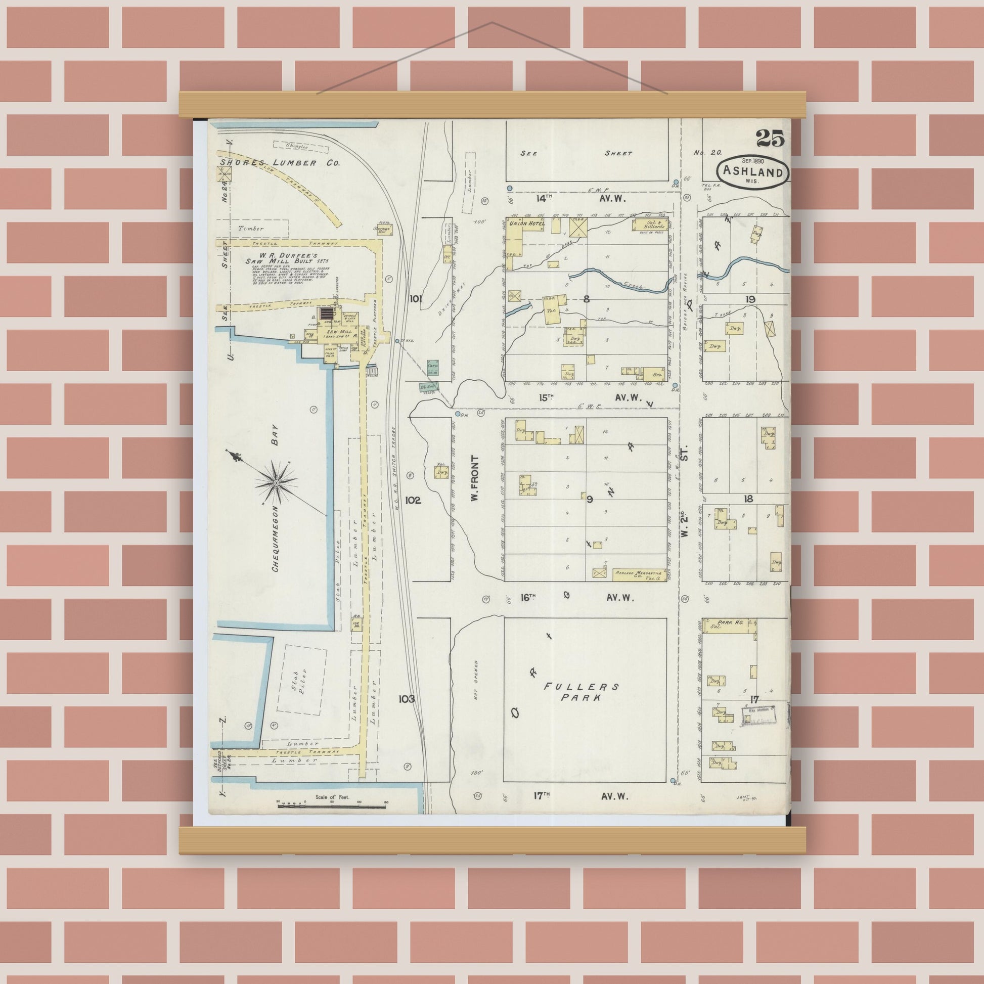 Old map wall art mockup — magnetic wood frame on brick wall — Sanborn Fire Insurance Map from Ashland, Ashland County, Wisconsin (1890), Sheet #0025