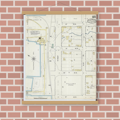 Old map wall art mockup — magnetic wood frame on brick wall — Sanborn Fire Insurance Map from Ashland, Ashland County, Wisconsin (1890), Sheet #0025