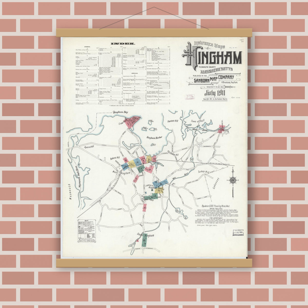 Old map wall art mockup — magnetic wood frame on brick wall — Sanborn Fire Insurance Map from Hingham, Plymouth County, Massachusetts (1911) - Complete Map Set