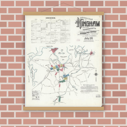 Old map wall art mockup — magnetic wood frame on brick wall — Sanborn Fire Insurance Map from Hingham, Plymouth County, Massachusetts (1911) - Complete Map Set
