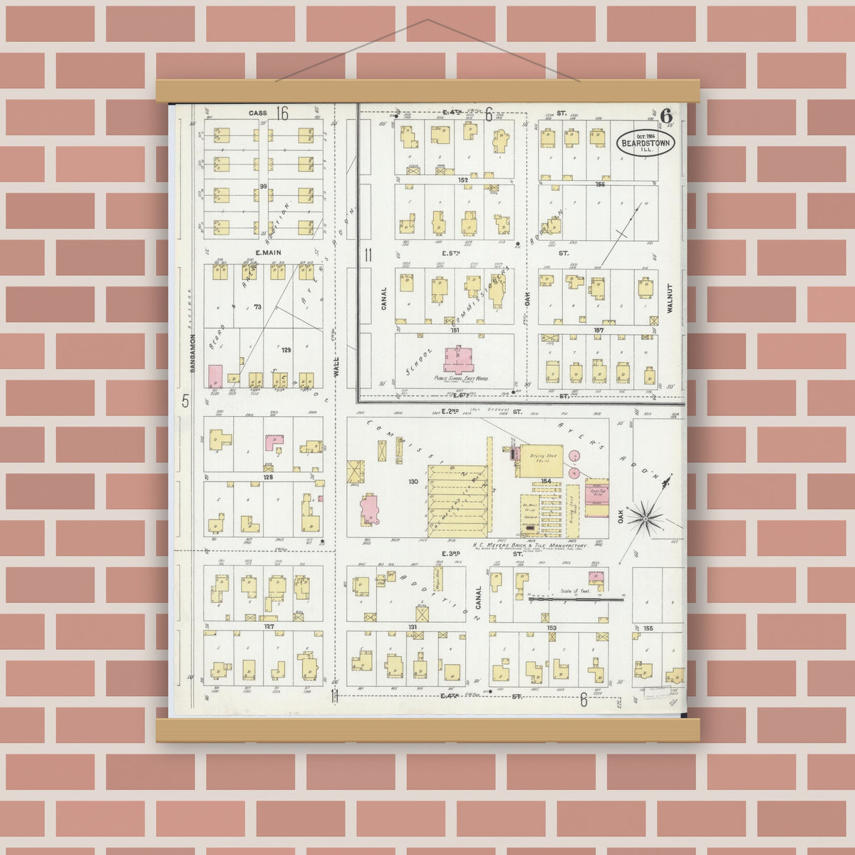 Old map wall art mockup — magnetic wood frame on brick wall — Sanborn Fire Insurance Map from Beardstown, Cass County, Illinois (1906), Sheet #0006