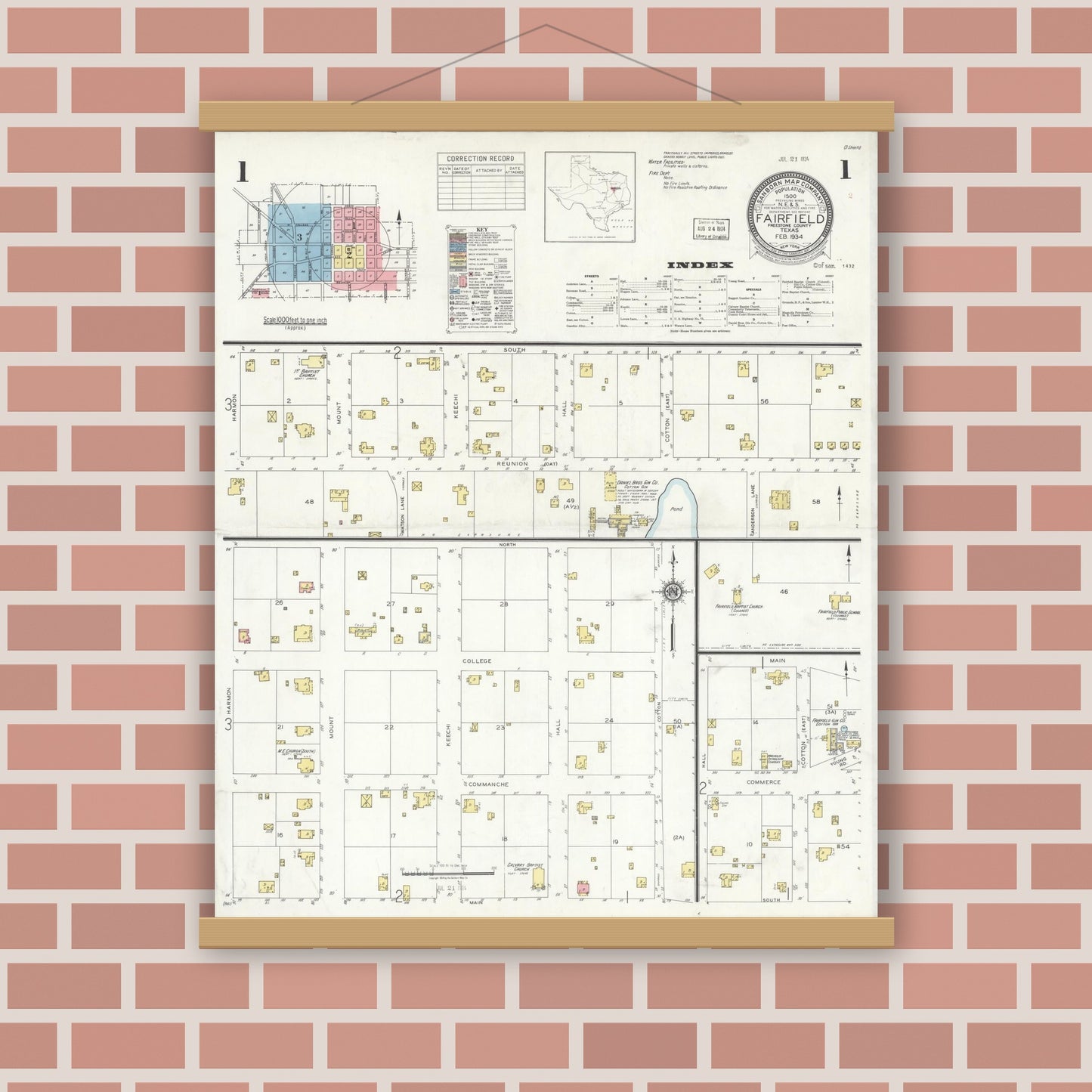 Old map wall art mockup — magnetic wood frame on brick wall — Sanborn Fire Insurance Map from Fairfield, Freestone County, Texas (1934), Sheet #0001