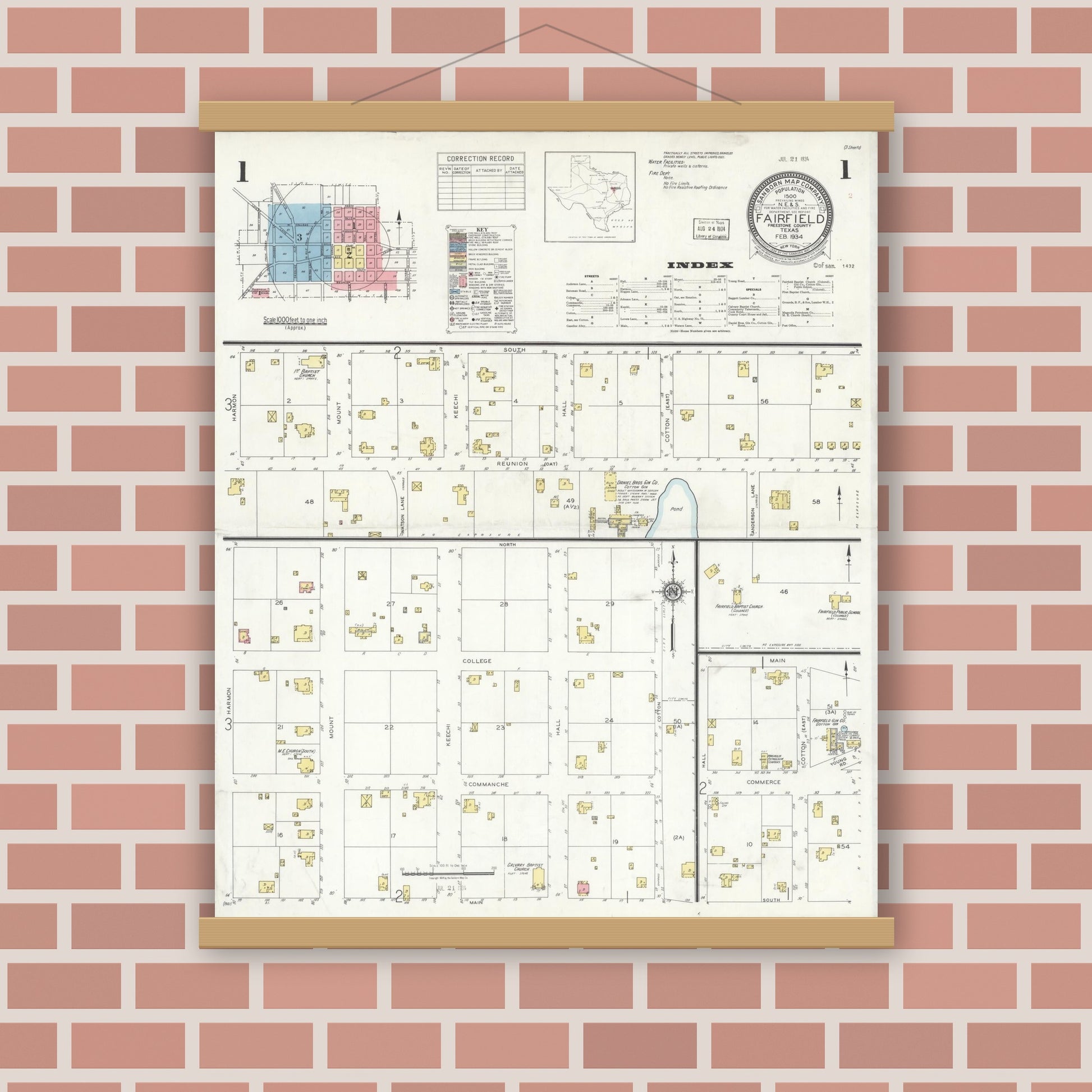 Old map wall art mockup — magnetic wood frame on brick wall — Sanborn Fire Insurance Map from Fairfield, Freestone County, Texas (1934), Sheet #0001