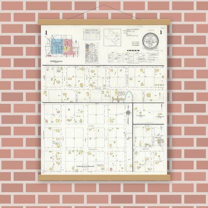 Old map wall art mockup — magnetic wood frame on brick wall — Sanborn Fire Insurance Map from Fairfield, Freestone County, Texas (1934), Sheet #0001
