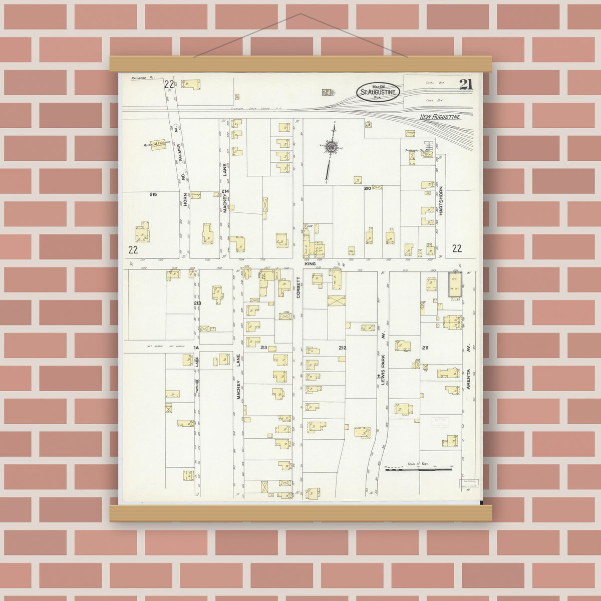 Old map wall art mockup — magnetic wood frame on brick wall — Sanborn Fire Insurance Map from Saint Augustine, Saint John's County, Florida (1910), Sheet #0021