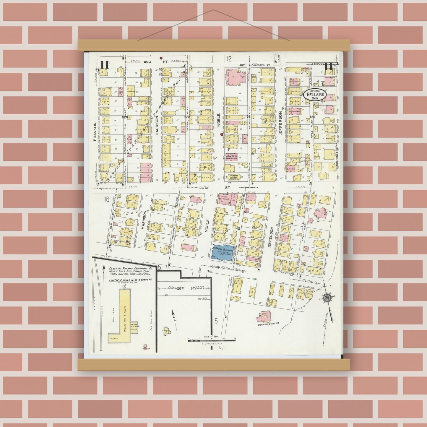 Old map wall art mockup — magnetic wood frame on brick wall — Sanborn Fire Insurance Map from Bellaire, Belmont County, Ohio (1924), Sheet #0011