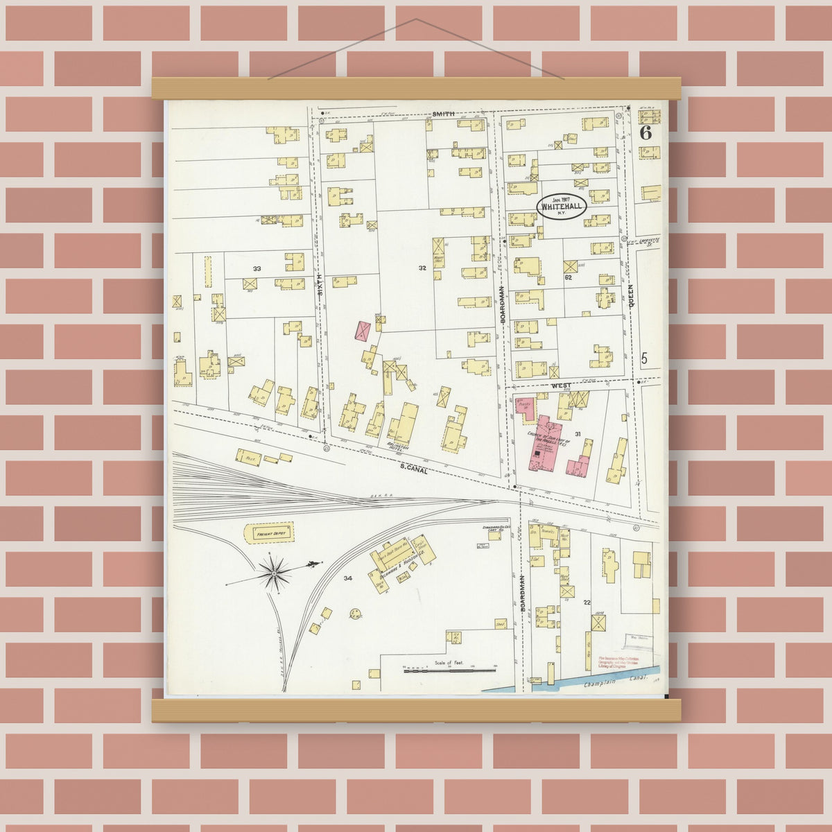 Old map wall art mockup — magnetic wood frame on brick wall — Sanborn Fire Insurance Map from Whitehall, Washington County, New York (1907), Sheet #0006