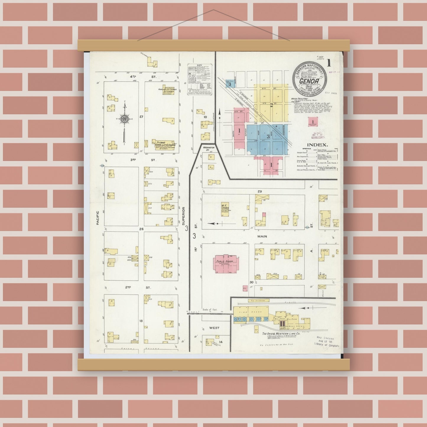 Old map wall art mockup — magnetic wood frame on brick wall — Sanborn Fire Insurance Map from Genoa, Ottawa County, Ohio (1910) - Complete Map Set