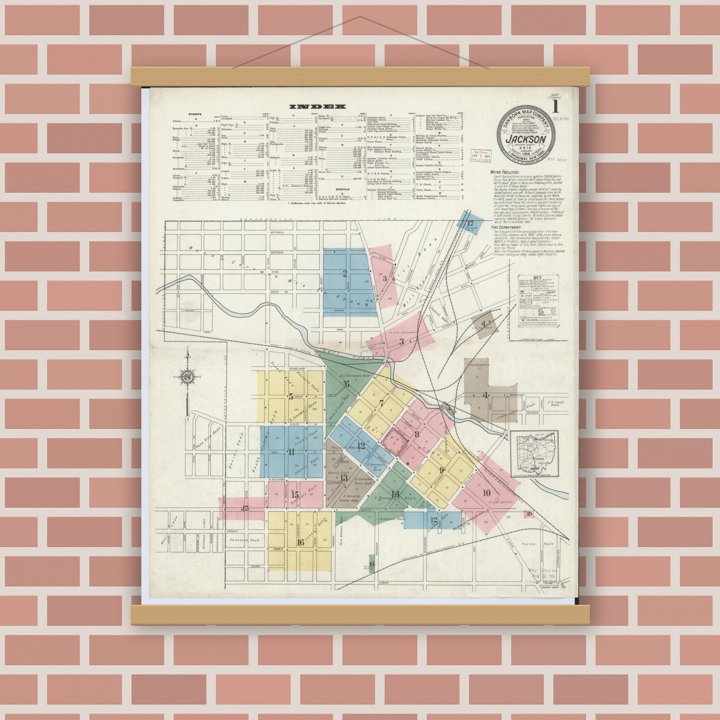 Old map wall art mockup — magnetic wood frame on brick wall — Sanborn Fire Insurance Map from Jackson, Jackson County, Ohio (1914), Sheet #0001