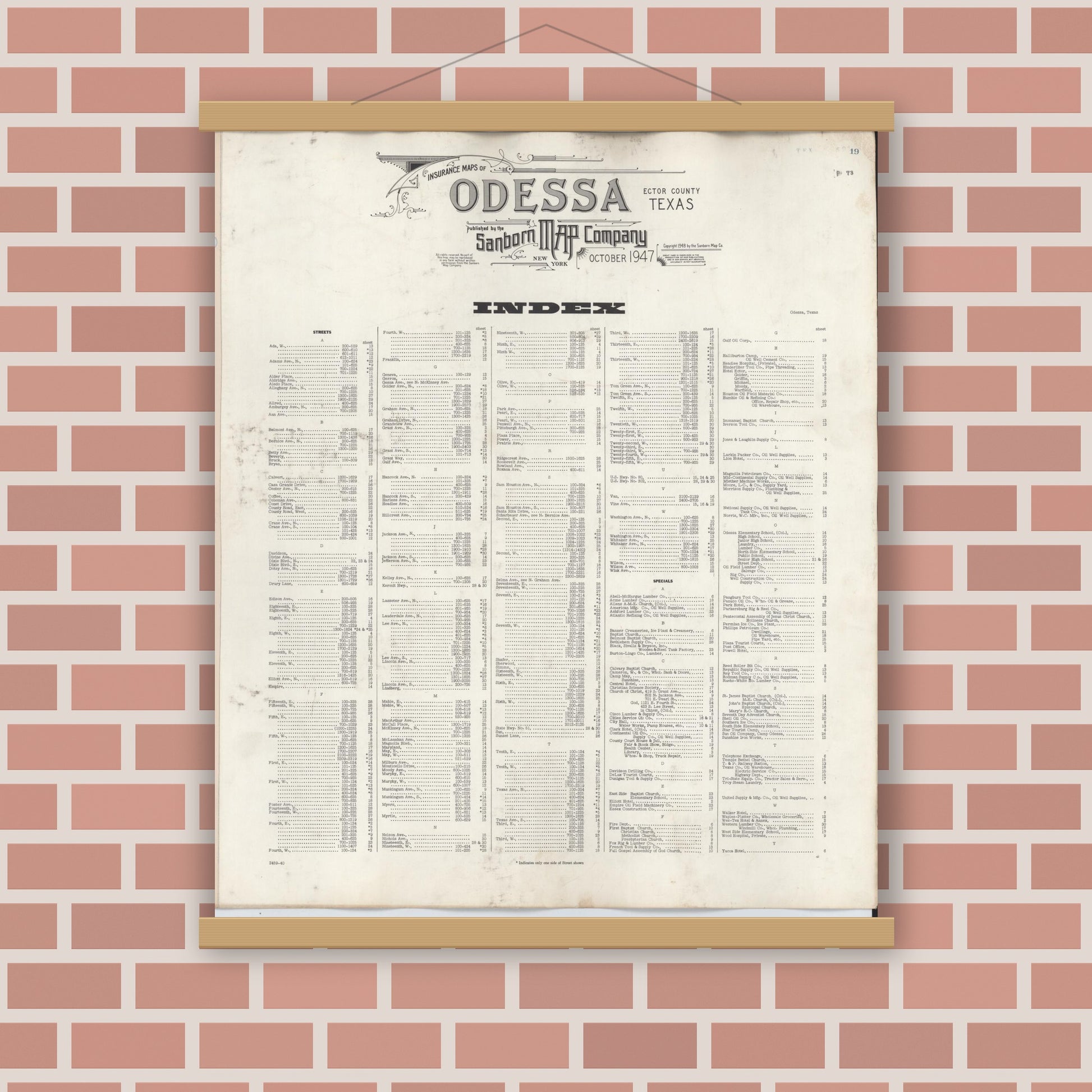 Old map wall art mockup — magnetic wood frame on brick wall — Sanborn Fire Insurance Map from Odessa, Edger County, Texas (1950), Sheet #0001