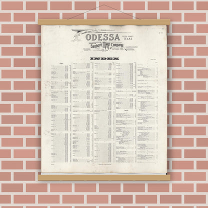 Old map wall art mockup — magnetic wood frame on brick wall — Sanborn Fire Insurance Map from Odessa, Edger County, Texas (1950), Sheet #0001