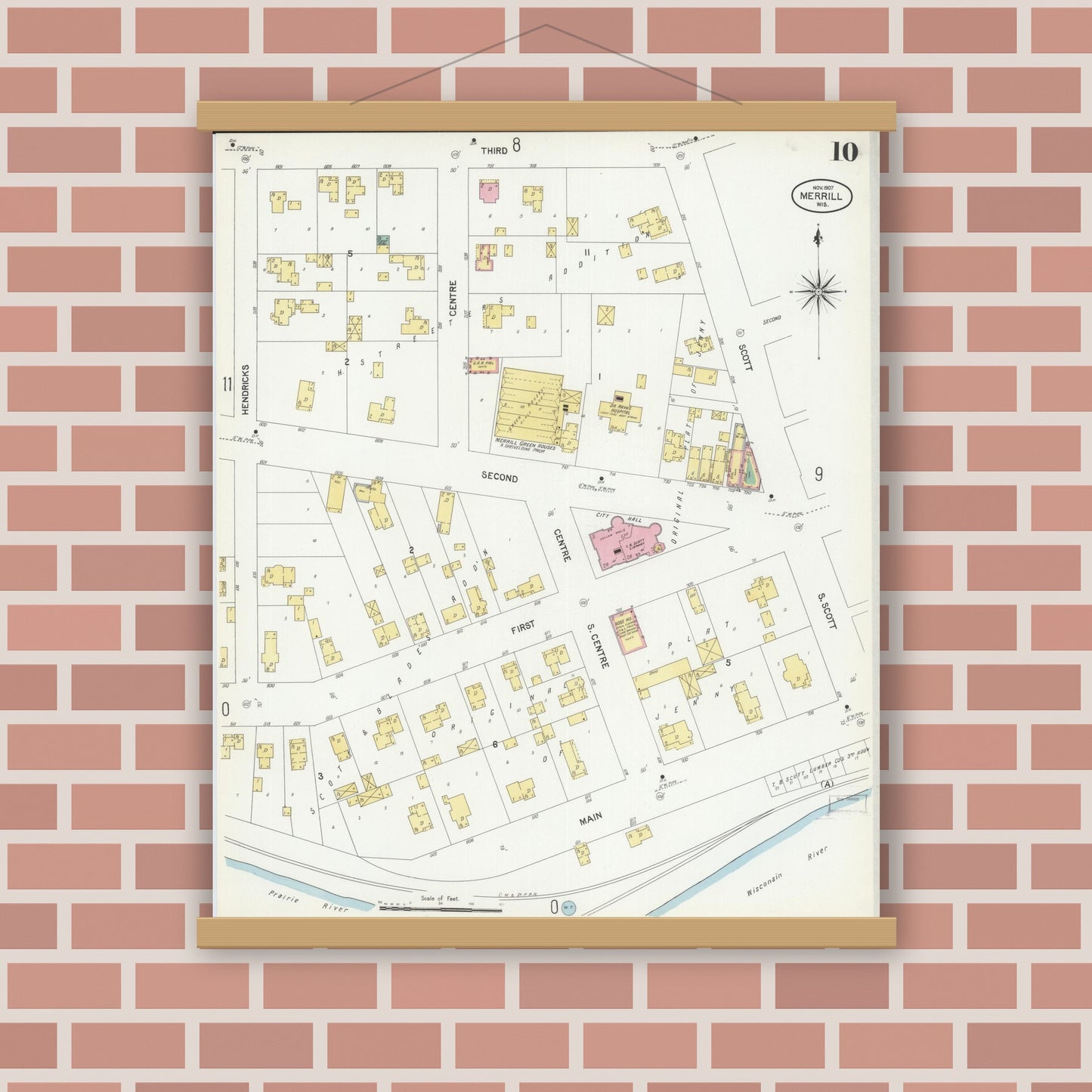 Old map wall art mockup — magnetic wood frame on brick wall — Sanborn Fire Insurance Map from Merrill, Lincoln County, Wisconsin (1907), Sheet #0010
