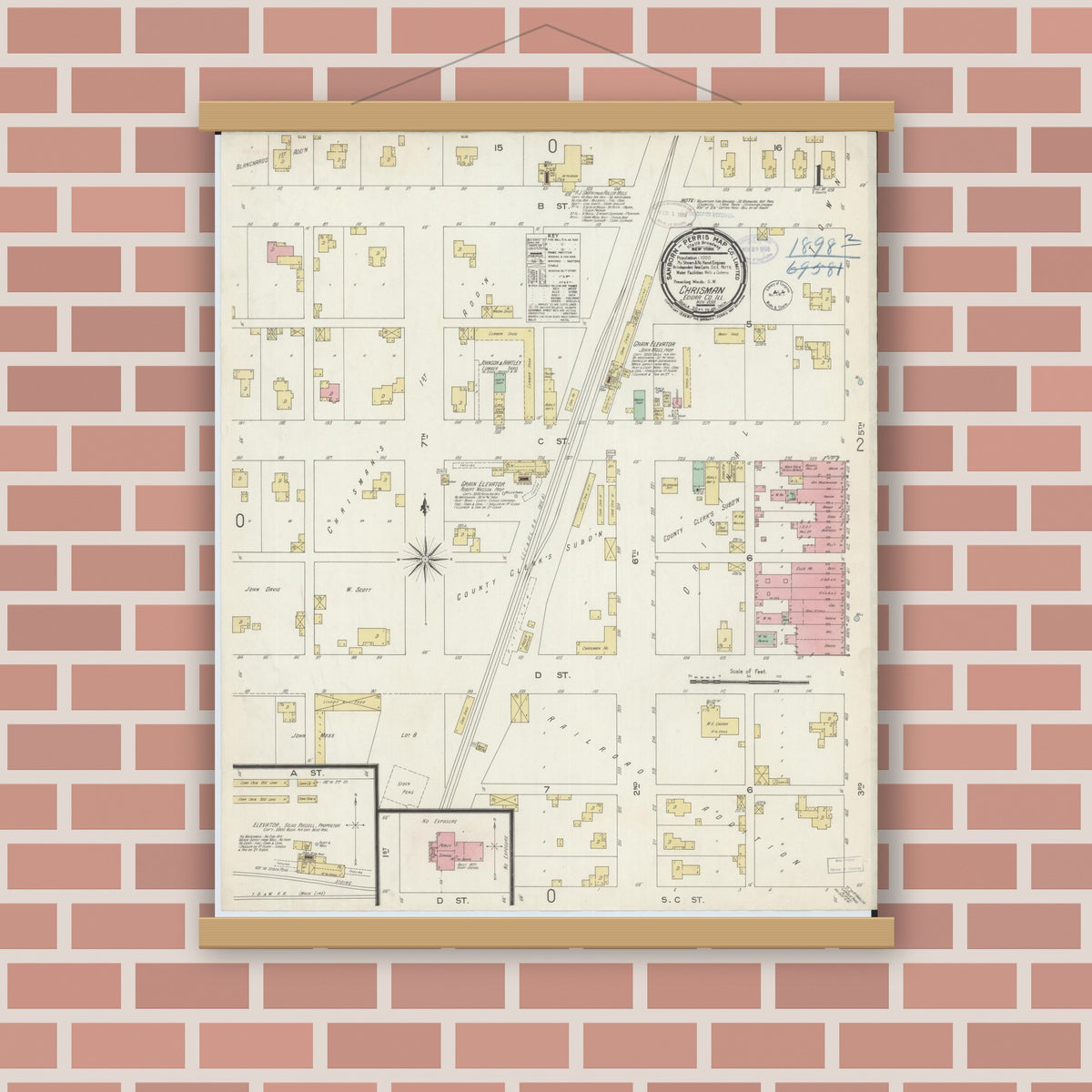 Old map wall art mockup — magnetic wood frame on brick wall — Sanborn Fire Insurance Map from Chrisman, Edgar County, Illinois (1898), Sheet #0001