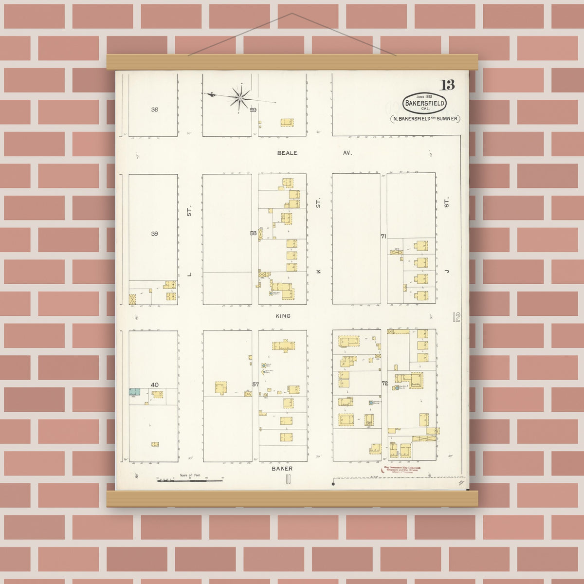 Old map wall art mockup — magnetic wood frame on brick wall — Sanborn Fire Insurance Map from Bakersfield, Kern County, California (1892), Sheet #0013