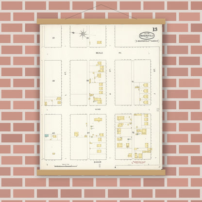 Old map wall art mockup — magnetic wood frame on brick wall — Sanborn Fire Insurance Map from Bakersfield, Kern County, California (1892), Sheet #0013