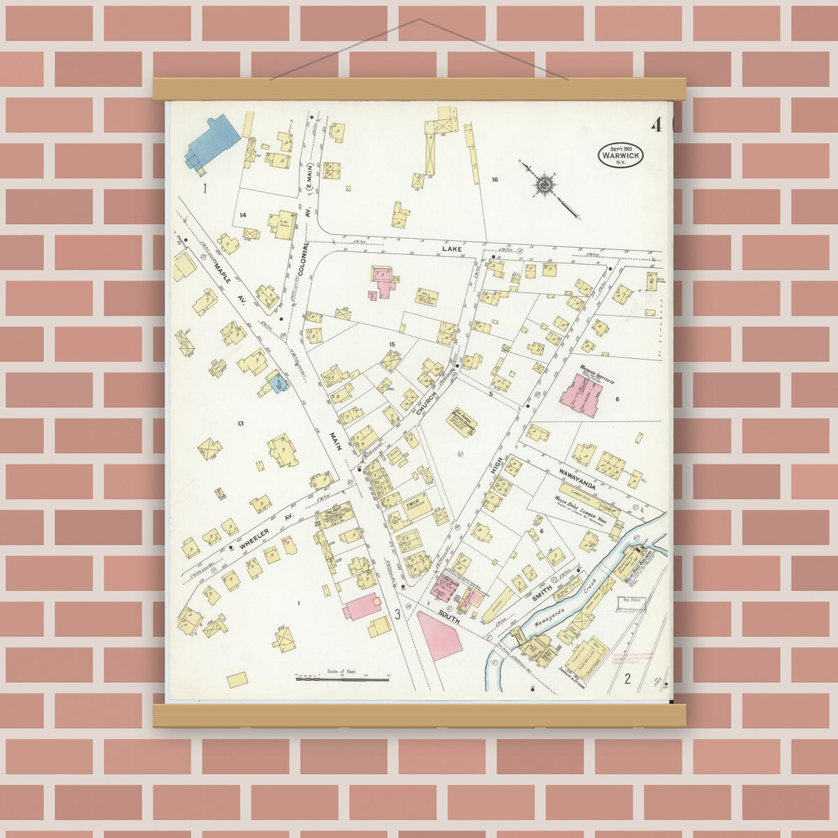 Old map wall art mockup — magnetic wood frame on brick wall — Sanborn Fire Insurance Map from Warwick, Orange County, New York (1910), Sheet #0004