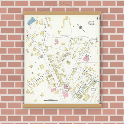 Old map wall art mockup — magnetic wood frame on brick wall — Sanborn Fire Insurance Map from Warwick, Orange County, New York (1910), Sheet #0004