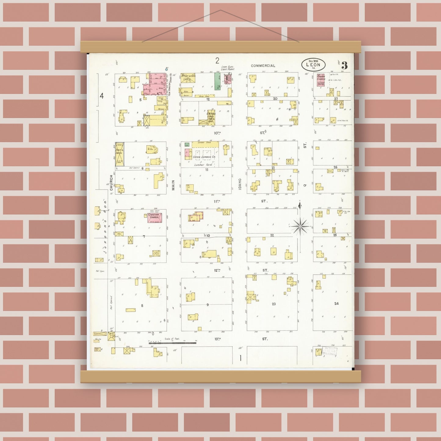 Old map wall art mockup — magnetic wood frame on brick wall — Sanborn Fire Insurance Map from Leon, Decatur County, Iowa (1898), Sheet #0003