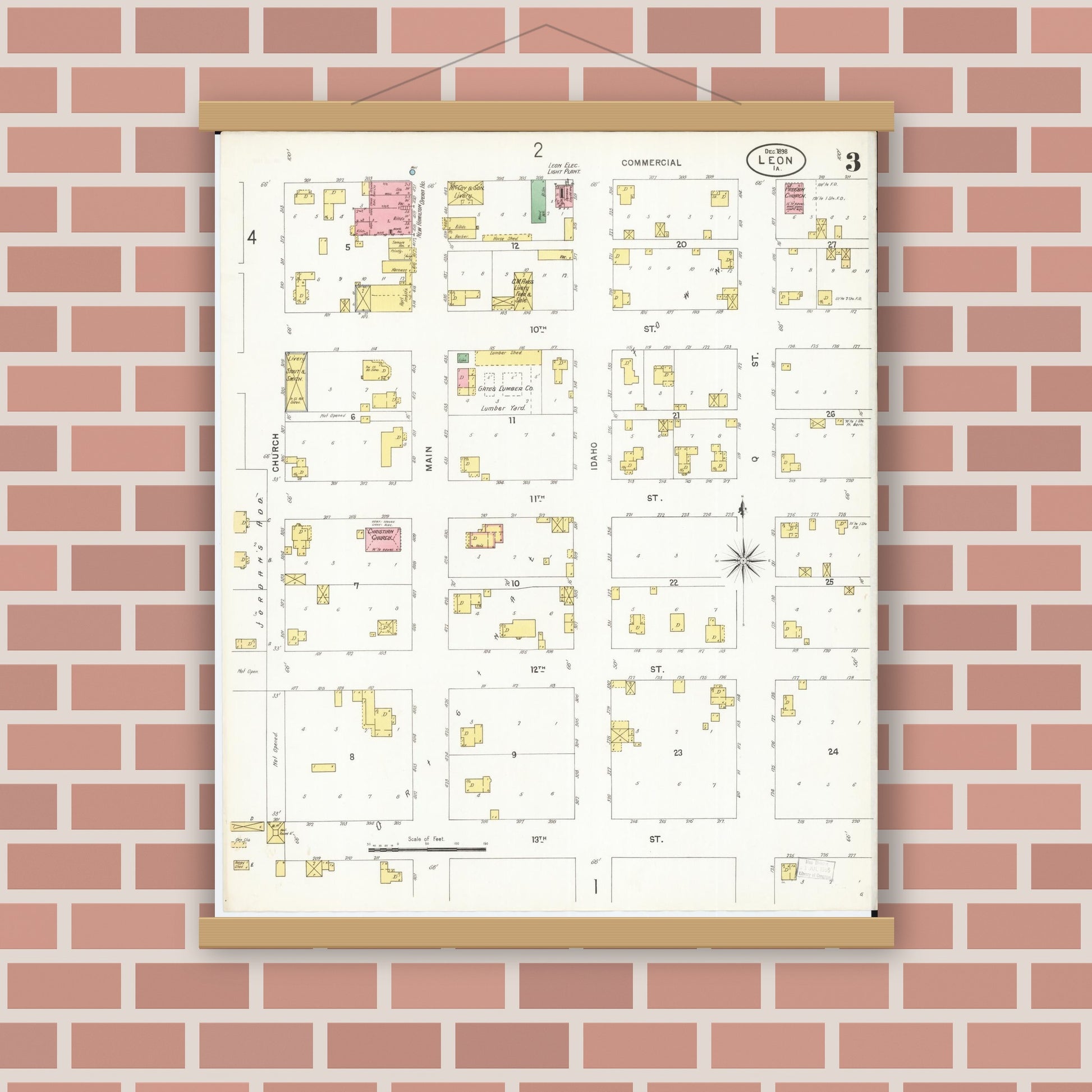 Old map wall art mockup — magnetic wood frame on brick wall — Sanborn Fire Insurance Map from Leon, Decatur County, Iowa (1898), Sheet #0003