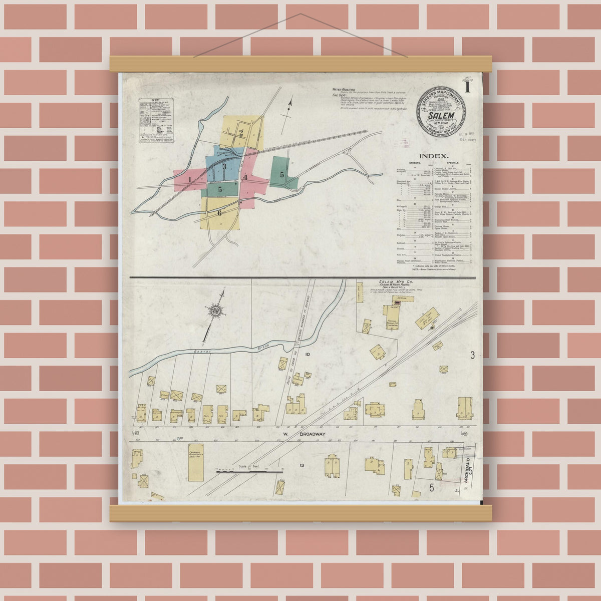 Old map wall art mockup — magnetic wood frame on brick wall — Sanborn Fire Insurance Map from Salem, Washington County, New York (1912) - Complete Map Set