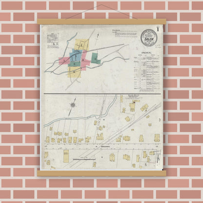 Old map wall art mockup — magnetic wood frame on brick wall — Sanborn Fire Insurance Map from Salem, Washington County, New York (1912) - Complete Map Set