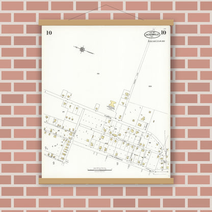 Old map wall art mockup — magnetic wood frame on brick wall — Sanborn Fire Insurance Map from Jacksonville, Cherokee County, Texas (1923), Sheet #0010