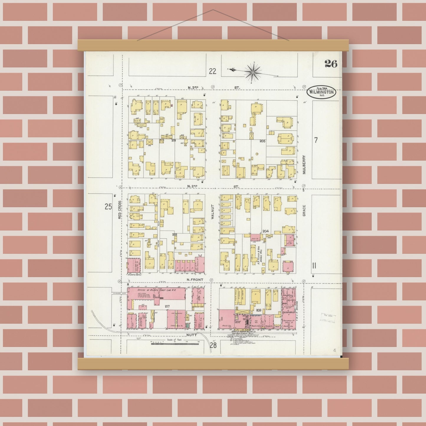 Old map wall art mockup — magnetic wood frame on brick wall — Sanborn Fire Insurance Map from Wilmington, New Hanover County, North Carolina (1904), Sheet #0026