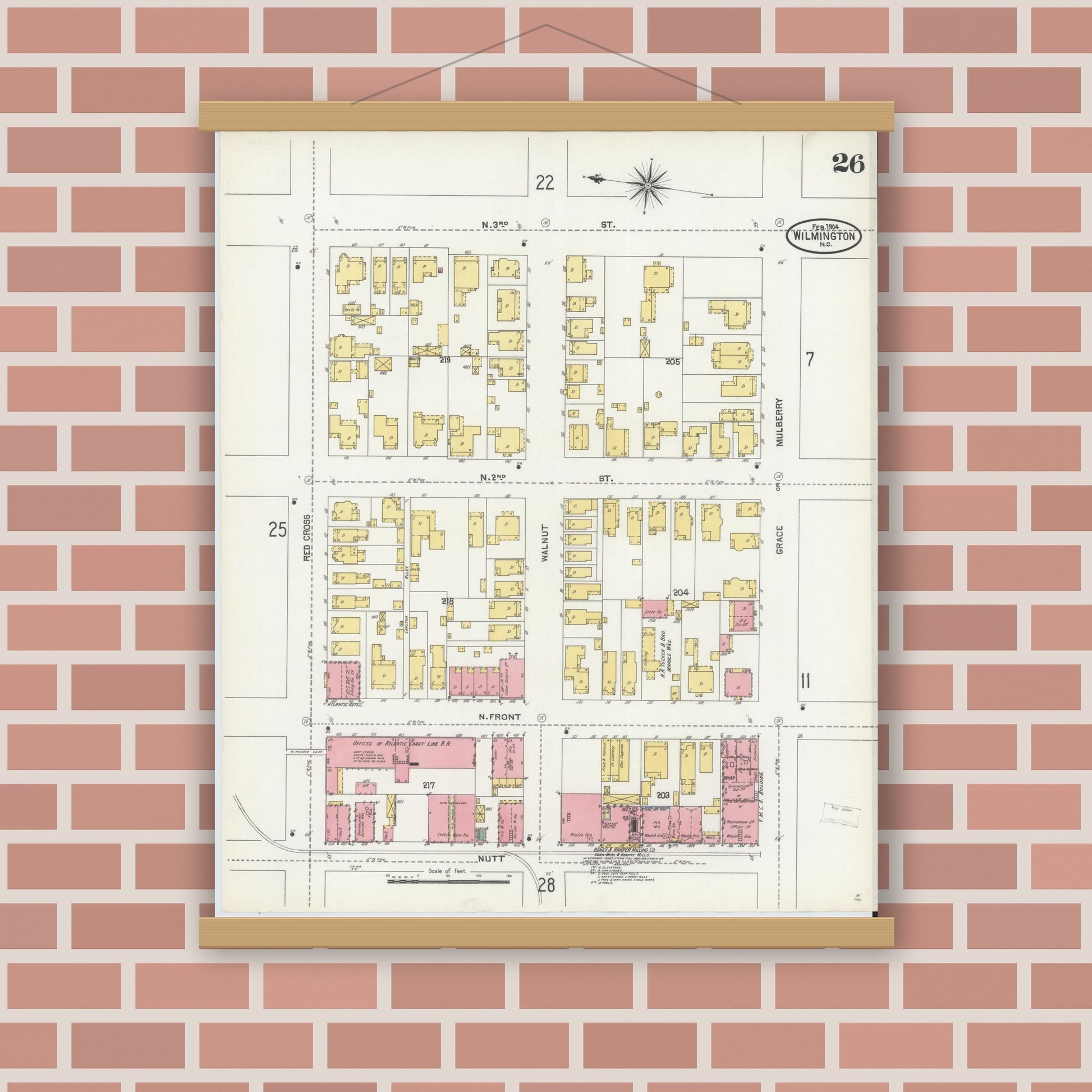 Old map wall art mockup — magnetic wood frame on brick wall — Sanborn Fire Insurance Map from Wilmington, New Hanover County, North Carolina (1904), Sheet #0026
