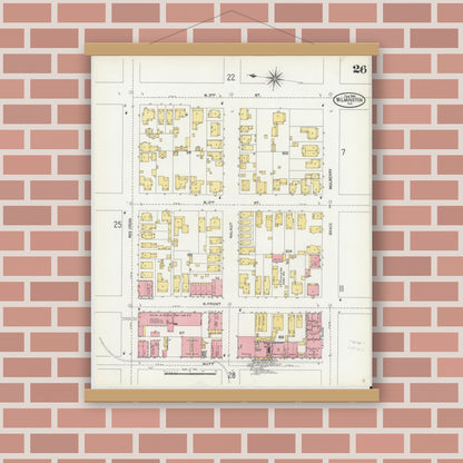 Old map wall art mockup — magnetic wood frame on brick wall — Sanborn Fire Insurance Map from Wilmington, New Hanover County, North Carolina (1904), Sheet #0026