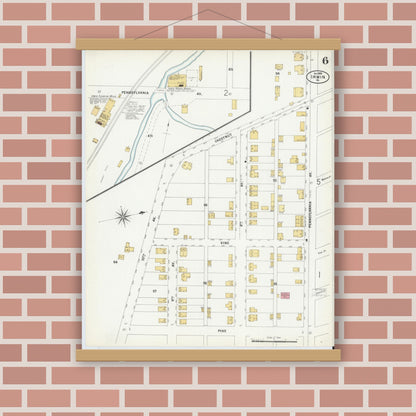 Old map wall art mockup — magnetic wood frame on brick wall — Sanborn Fire Insurance Map from Irwin, Westmoreland County, Pennsylvania (1899), Sheet #0006