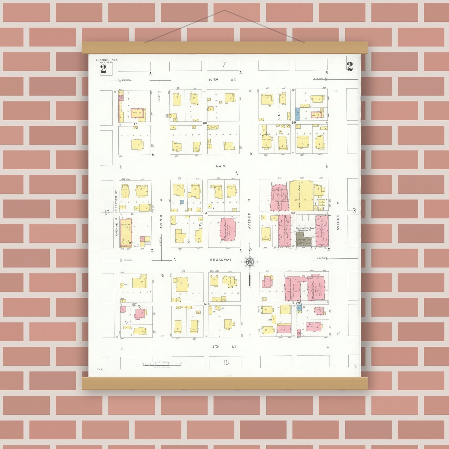 Old map wall art mockup — magnetic wood frame on brick wall — Sanborn Fire Insurance Map from Lubbock, Lubbock County, Texas (1931), Sheet #0002
