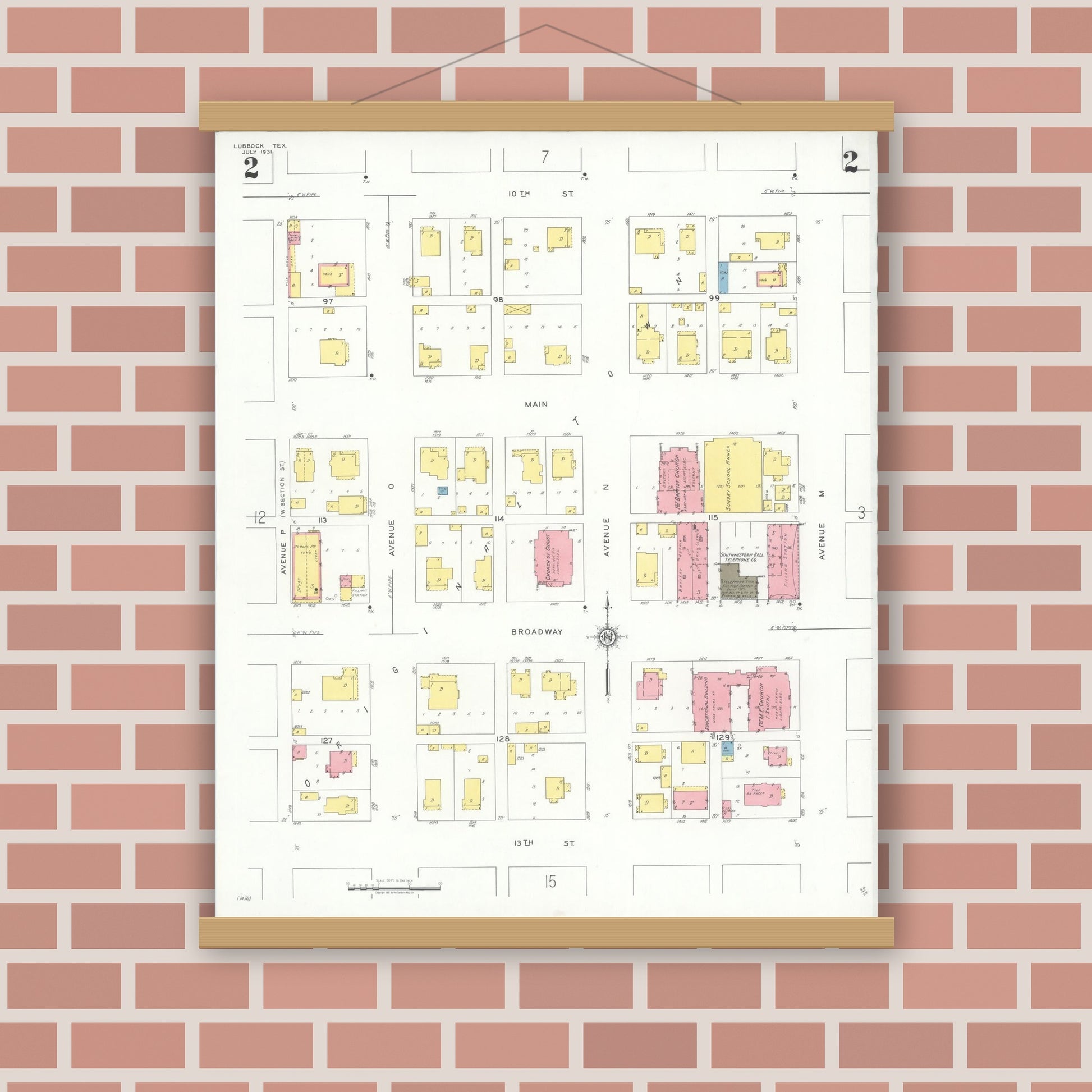 Old map wall art mockup — magnetic wood frame on brick wall — Sanborn Fire Insurance Map from Lubbock, Lubbock County, Texas (1931), Sheet #0002