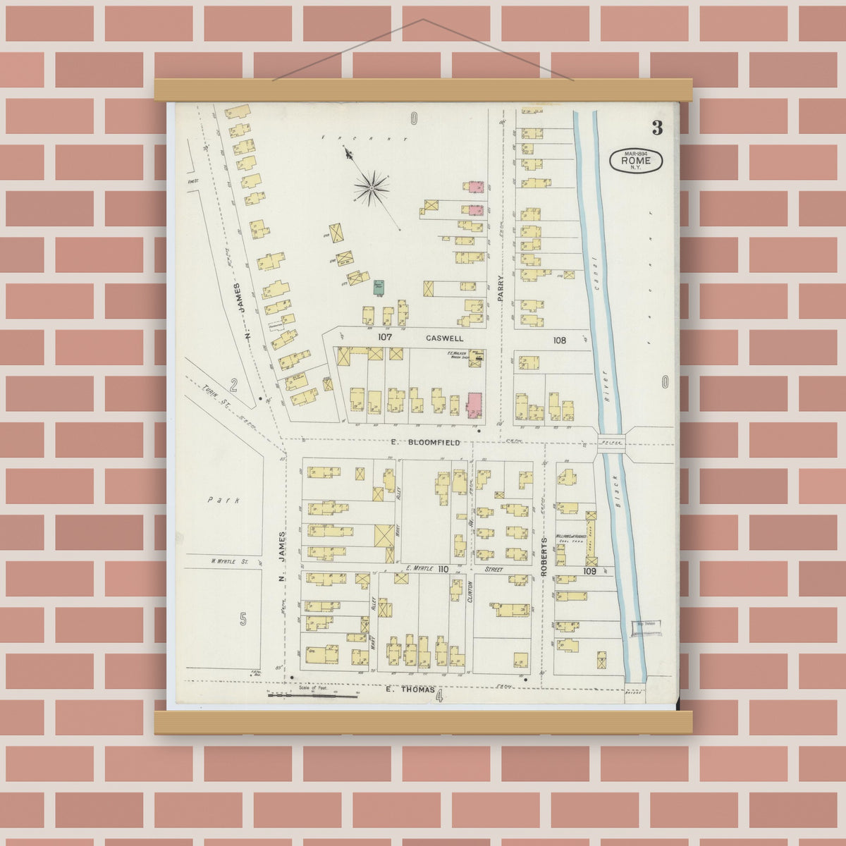 Old map wall art mockup — magnetic wood frame on brick wall — Sanborn Fire Insurance Map from Rome, Oneida County, New York (1894), Sheet #0003