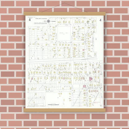 Old map wall art mockup — magnetic wood frame on brick wall — Sanborn Fire Insurance Map from Higginsville, Lafayette County, Missouri (1942), Sheet #0004