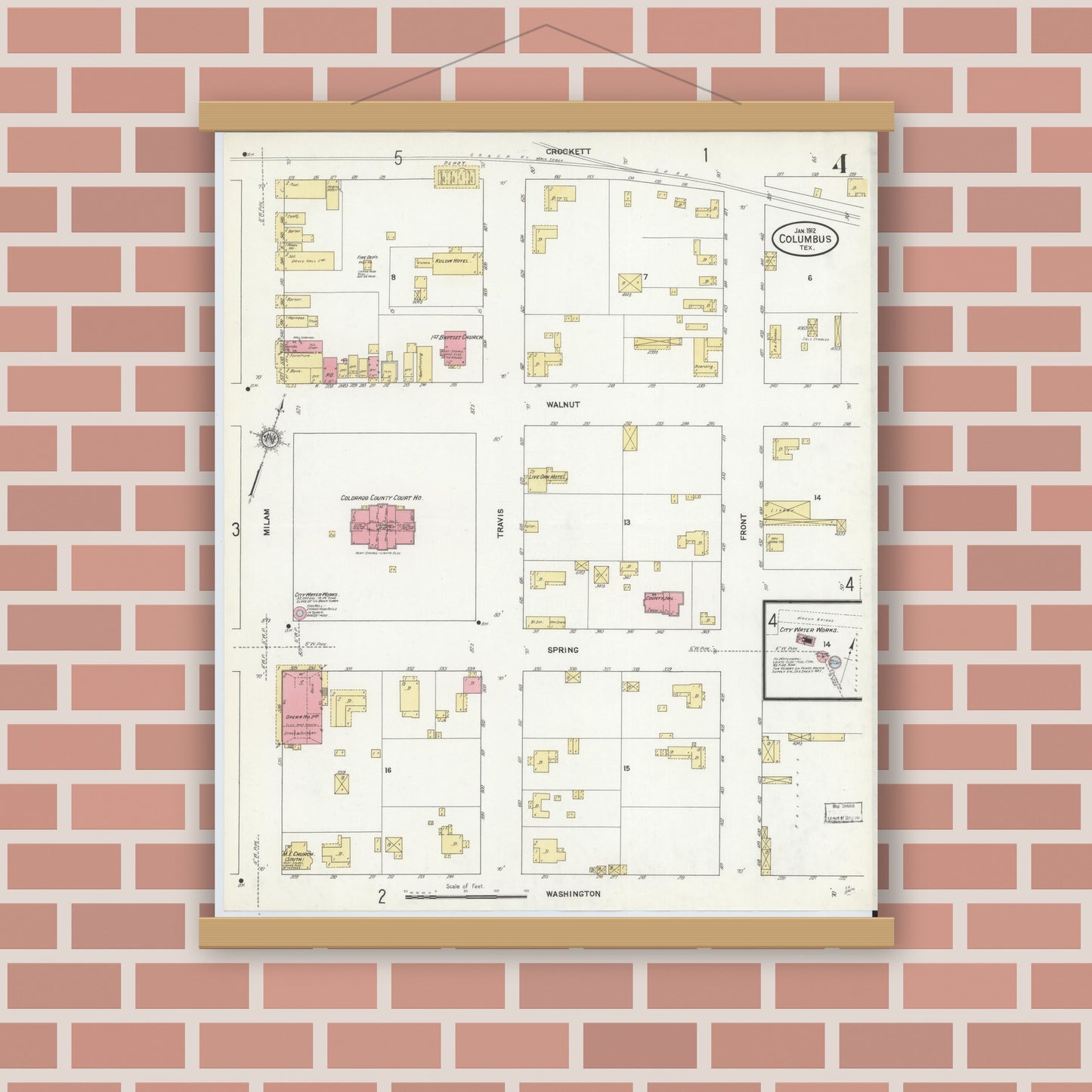 Old map wall art mockup — magnetic wood frame on brick wall — Sanborn Fire Insurance Map from Columbus, Colorado County, Texas (1912), Sheet #0004