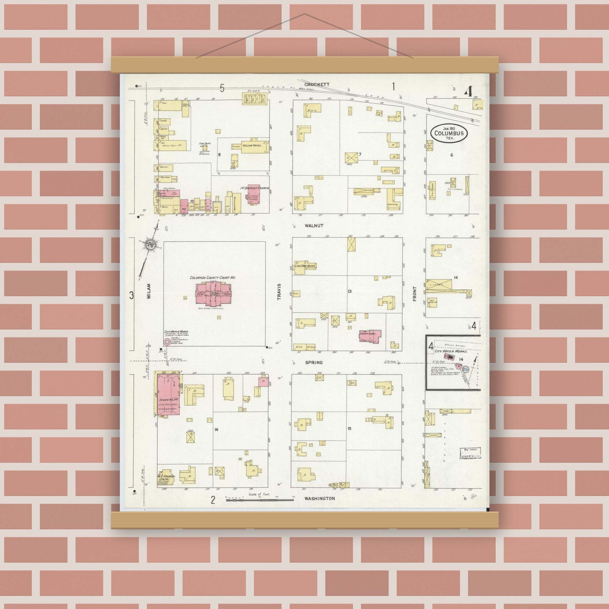 Old map wall art mockup — magnetic wood frame on brick wall — Sanborn Fire Insurance Map from Columbus, Colorado County, Texas (1912), Sheet #0004