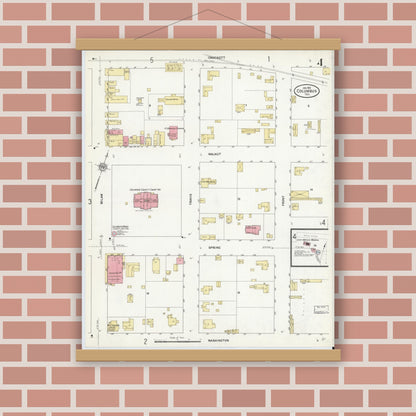Old map wall art mockup — magnetic wood frame on brick wall — Sanborn Fire Insurance Map from Columbus, Colorado County, Texas (1912), Sheet #0004