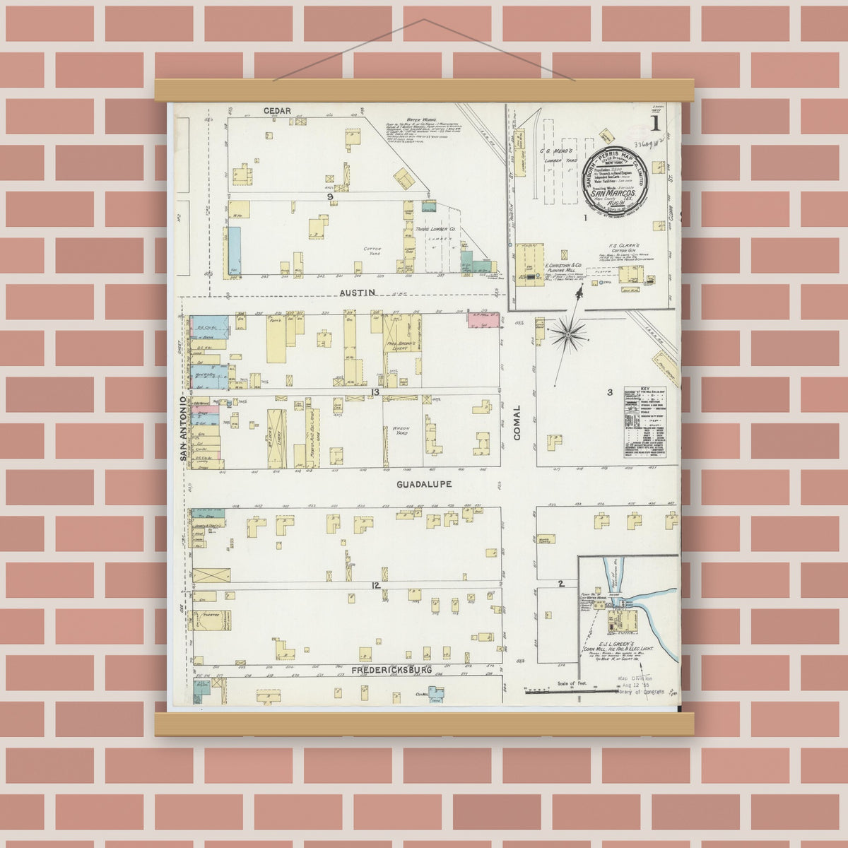 Old map wall art mockup — magnetic wood frame on brick wall — Sanborn Fire Insurance Map from San Marcos, Hays County, Texas (1891) - Complete Map Set